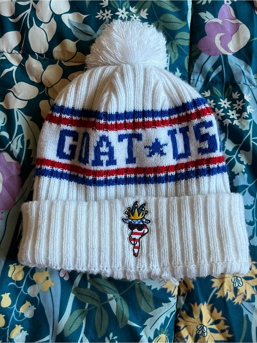 Goat USA White Pom Knit Beanie with Red & Blue Stripe Detail OSFA